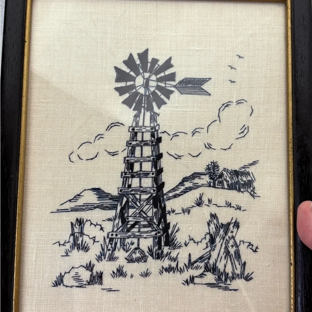 Vintage Framed Windmill Needlepoint Art